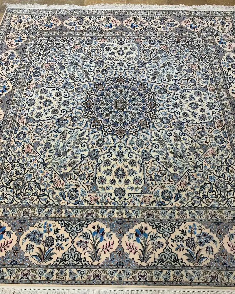 Isfahan Persian Handmade Carpet — Ivory Sapphire Layered Floral Medallion — 220 × 225 cm, PRR-IS-050