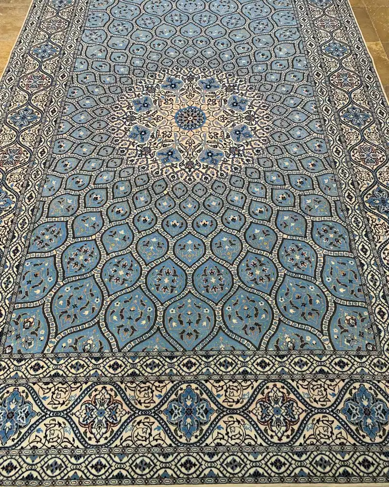 Isfahan Persian Handmade Carpet — Sky Blue Gonbad Radial Medallion — 210 × 318 cm, PRR-IS-054