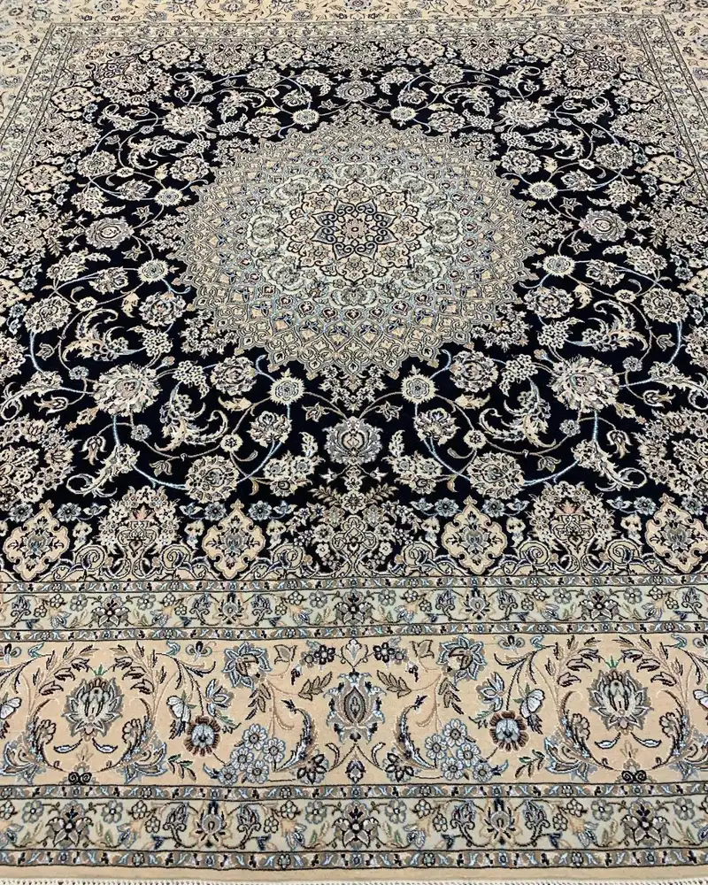 Isfahan Persian Handmade Carpet — Midnight Navy Floral Medallion — 300 × 300 cm, PRR-IS-085