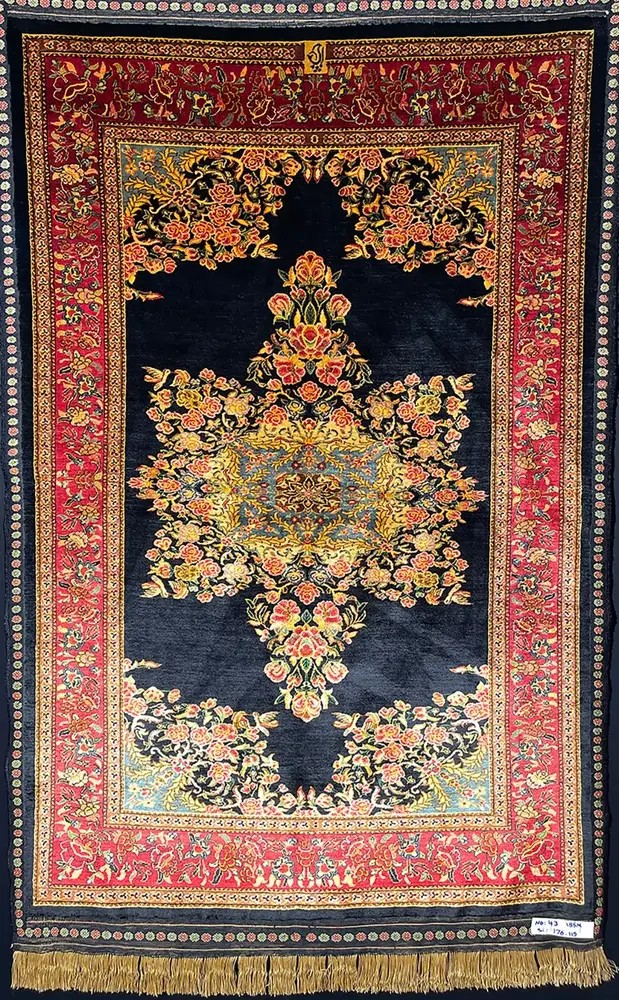 Khorasan Persian Hand-Knotted Silk Carpet, Corner Medallion, Navy, Haft-Charak — PRR-KHN-011