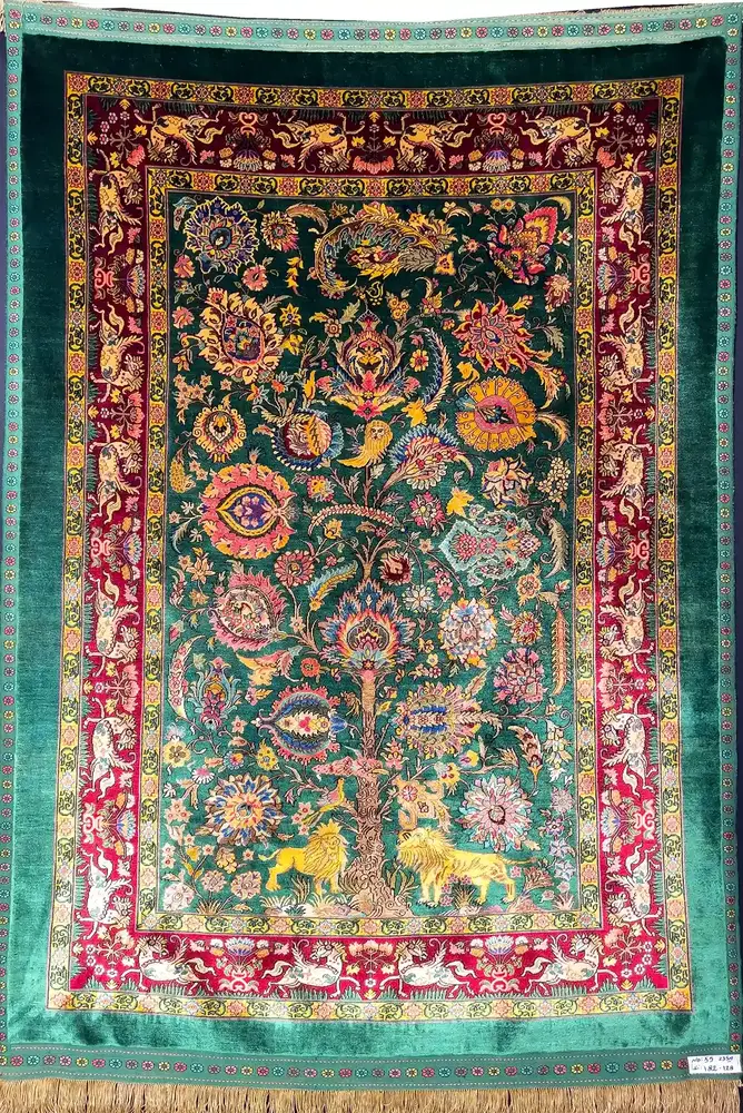 Khorasan Persian Hand-Knotted Silk Carpet, Waq-Waq Tree, Green, 182 × 128 cm — PRR-KHN-013
