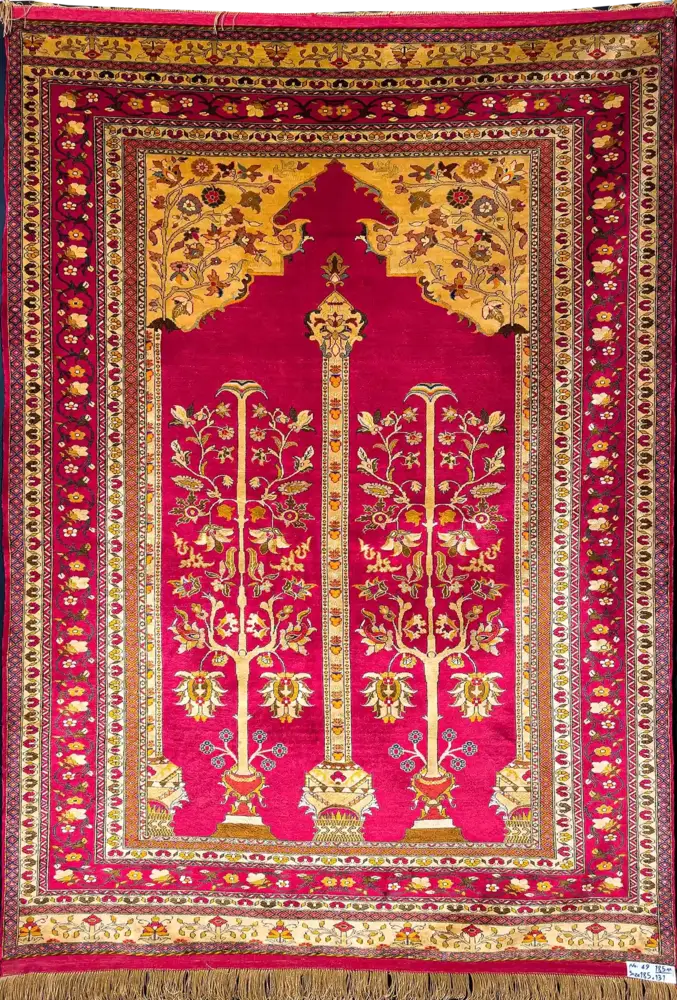 Khorasan Persian Hand-Knotted Silk Carpet, Column, Lac Red, 3 m² — PRR-KHN-016