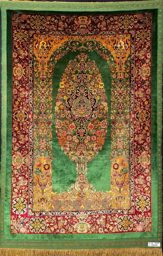 Khorasan Persian Hand-Knotted Silk Carpet, Qarabaghi, Green, 200 × 133 cm — PRR-KHN-017