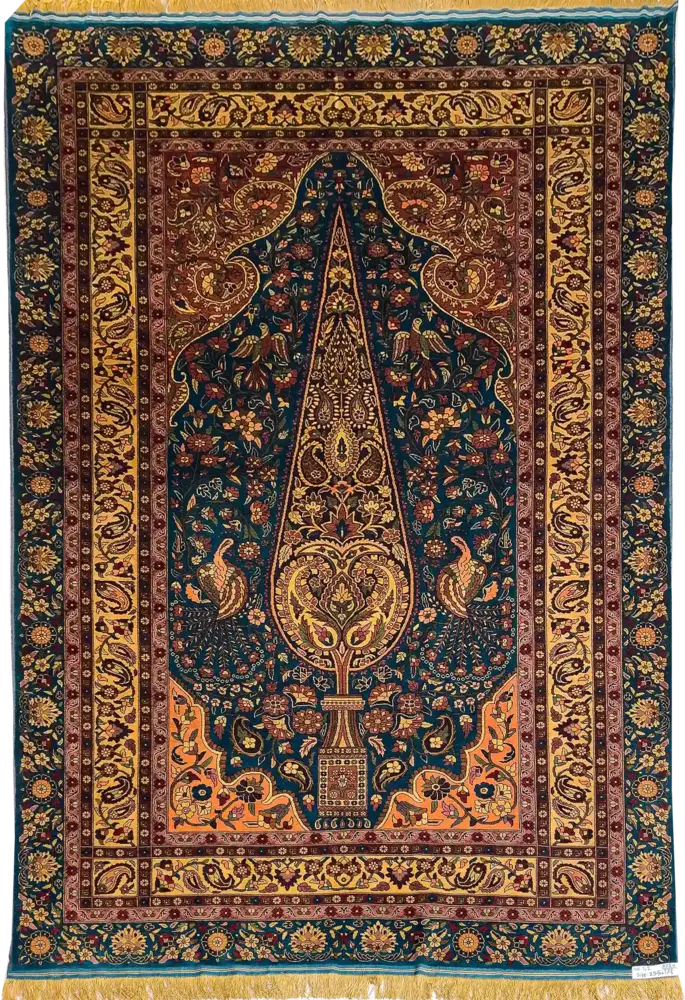 Khorasan Persian Hand-Knotted Silk Carpet, Pine Tree, Blue, 255 × 178 cm — PRR-KHN-019