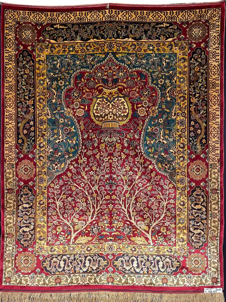 Khorasan Persian Hand-Knotted Silk Carpet, Harke No. 1, Lac Red, 189 × 142 cm — PRR-KHN-025