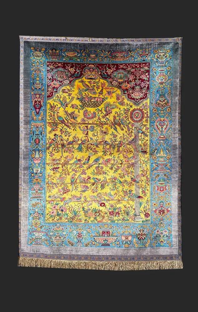 Khorasan Persian Hand-Knotted Silk Carpet, Forty Parrots, 180 × 128 cm — PRR-KHN-029