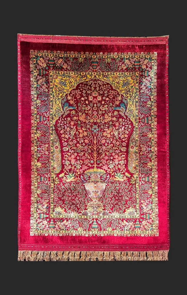 Khorasan Persian Hand-Knotted Silk Carpet, Vase, Red, 150 × 104 cm — PRR-KHN-031