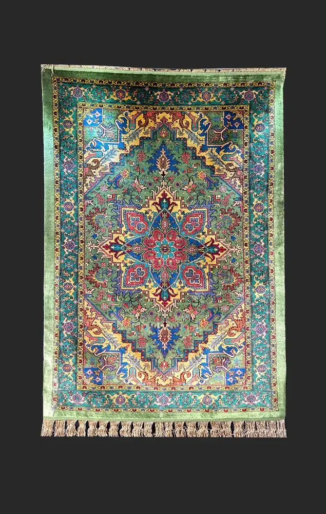 Khorasan Persian Hand-Knotted Silk Carpet, Heriz, Green, 145 × 95 cm — PRR-KHN-032