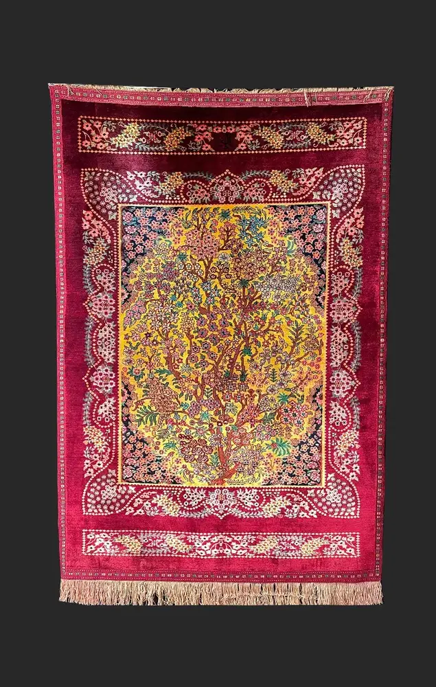 Khorasan Persian Hand-Knotted Silk Carpet, Tree Motif, Gold, 162 × 103 cm — PRR-KHN-034