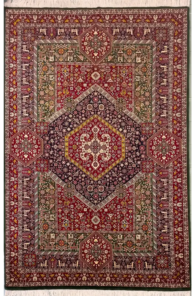 Khorasan Persian Hand-Knotted Wool & Silk Carpet Pair, Qashqai, Green, 200 × 300 cm — PRR-KHN-045