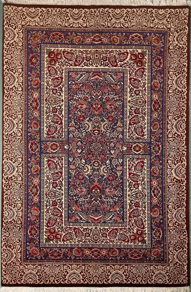 Khorasan Persian Hand-Knotted Wool & Silk Carpet, Garden of Paradise, Cobalt Blue, Blue, Brown Border, 200 × 300 cm — PRR-KHN-053