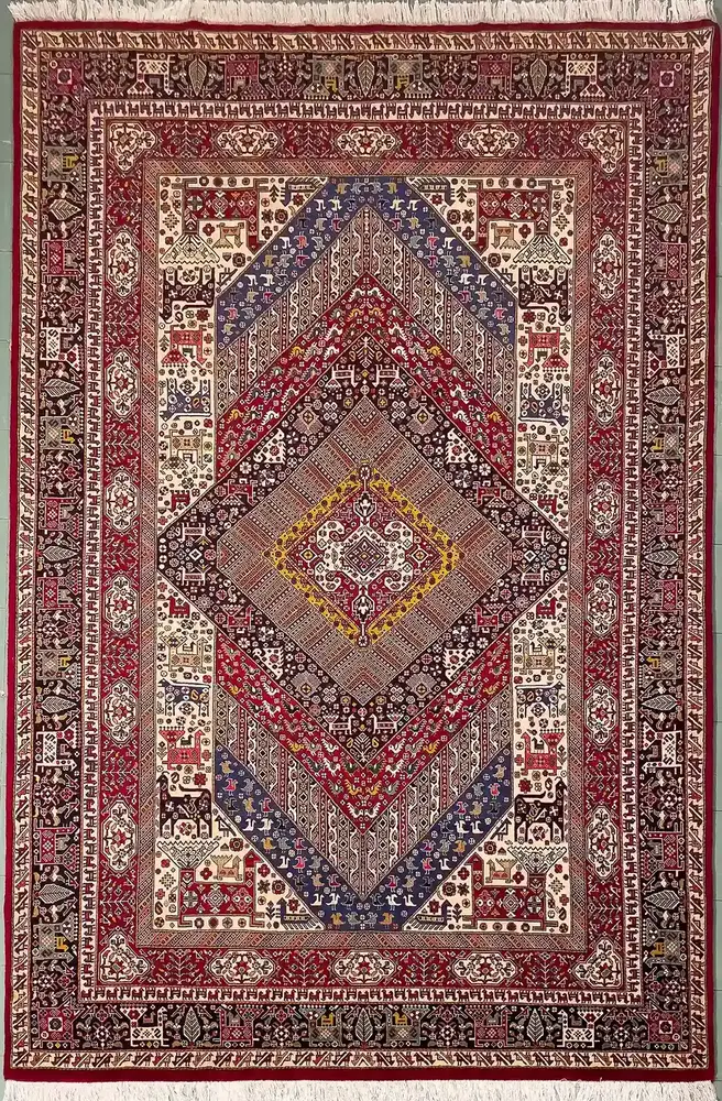 Khorasan Persian Hand-Knotted Wool & Silk Carpet, Qashqai, Cream, 200 × 300 cm — PRR-KHN-060