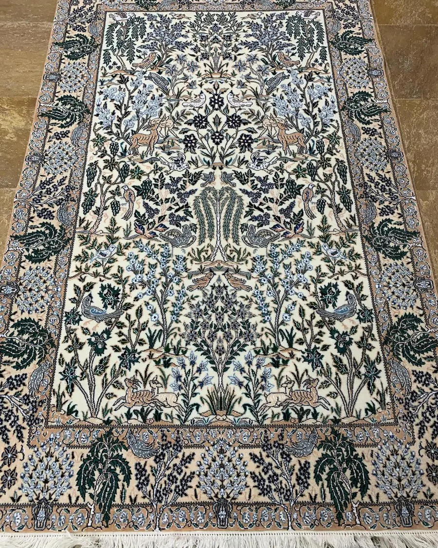 Naein Persian Handmade Carpet — Ivory Tree of Life Wildlife Garden — 130 × 300 cm, PRR-NN-031