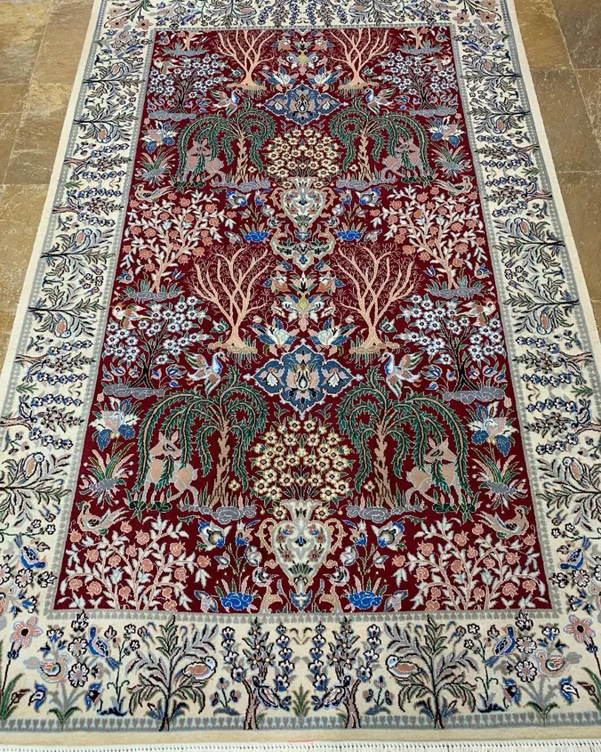 Naein Persian Handmade Carpet — Pahlevan Safa Red Wildlife Garden — 120 × 200 cm, PRR-NN-097