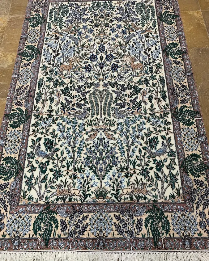 Naein Persian Handmade Carpet — Pahlevan Safa Ivory Wildlife Garden — 120 × 200 cm, PRR-NN-098