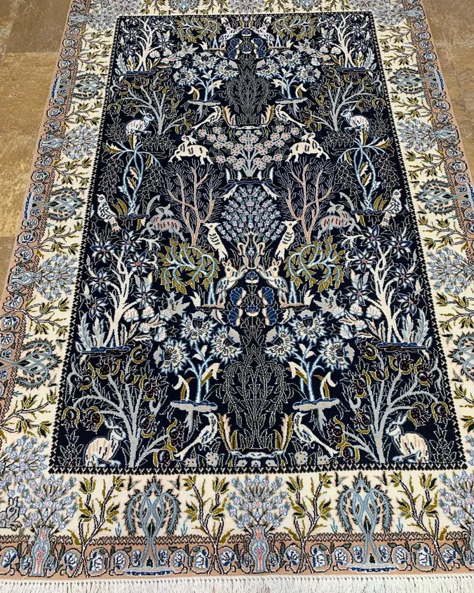 Naein Persian Handmade Carpet — Black Wildlife Garden Pictorial — 130 × 200 cm, PRR-NN-104