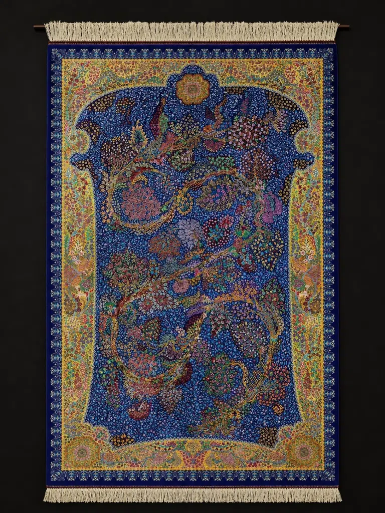 Celestial Tree of Paradise handmade Qom pure silk carpet featuring the Persian Tree of Life with colourful songbirds