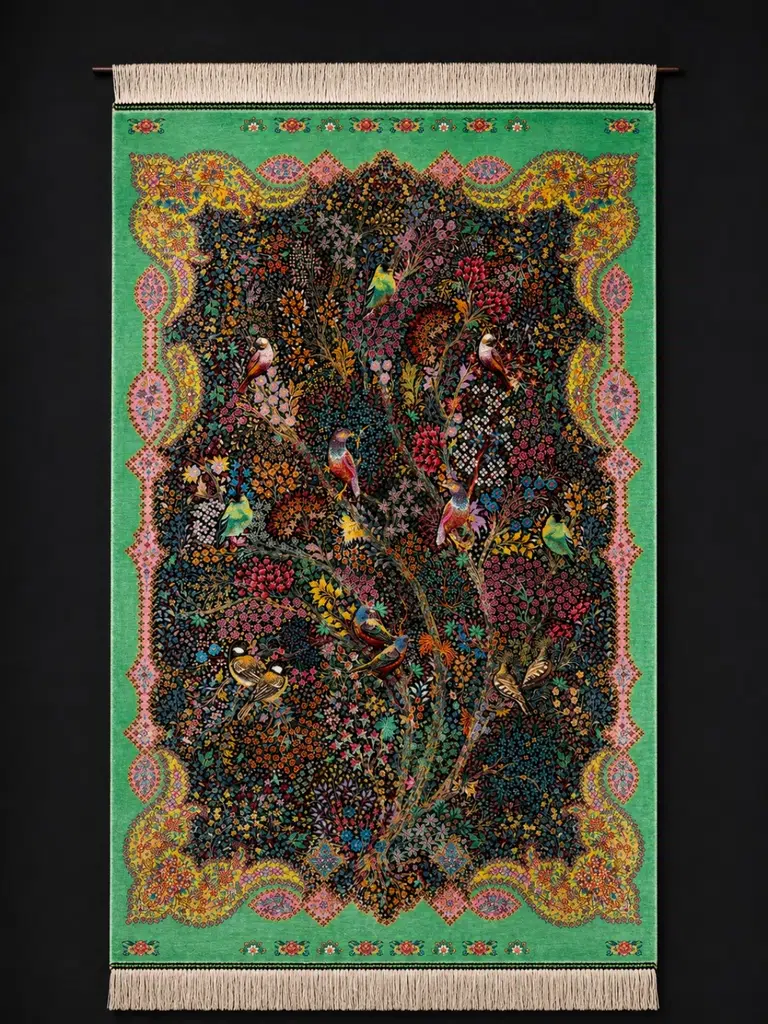 Emerald Aviary of Blossoms handmade Qom pure silk carpet with colourful birds and a dense Gol-o-Bolbol garden