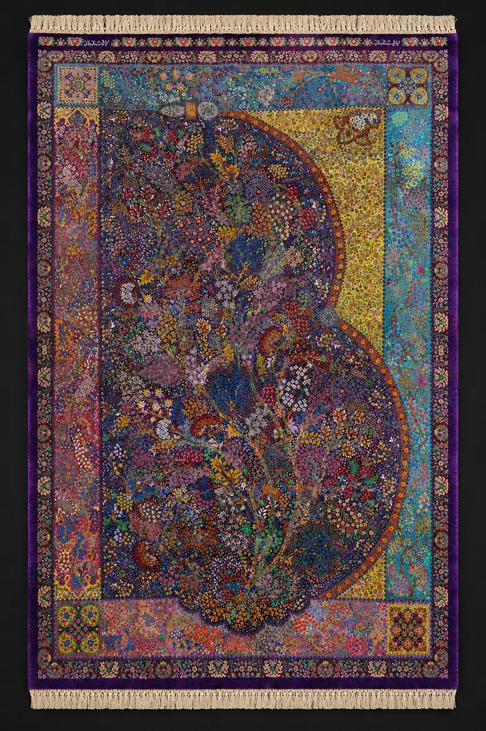 Violet Garden Tapestry handmade Qom pure silk carpet with a flowering Tree of Life and multicolour patchwork border