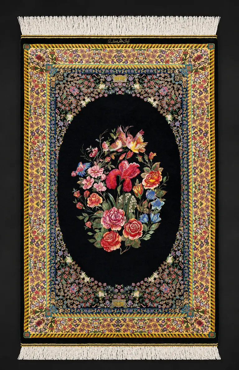 Midnight Bouquet of Birds handmade Qom pure silk carpet with Gol Farang flowers and colourful birds on a black field