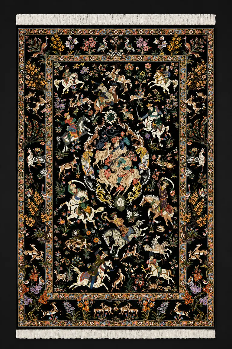 Midnight Royal Hunt handmade Qom pure silk pictorial carpet with riders and animals
