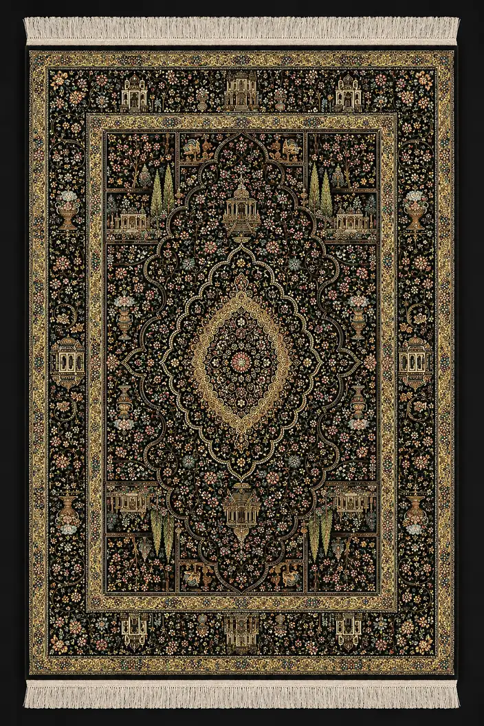 Obsidian Palace Garden handmade Qom pure silk carpet with architectural garden panels