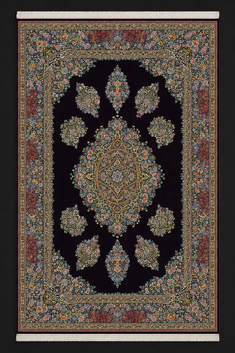 Aubergine Imperial Rosette handmade Qom pure silk carpet with ornate medallion and floral arabesques