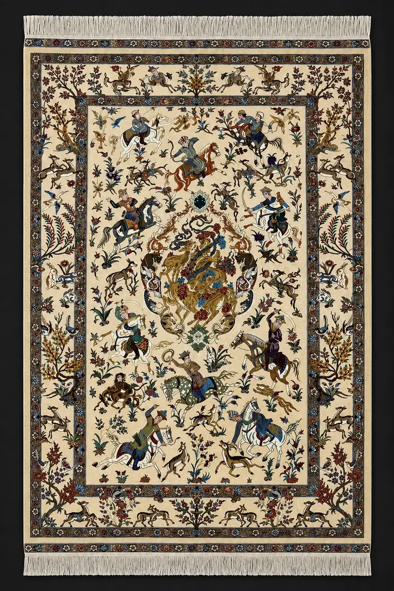 Ivory Royal Hunt handmade Qom pure silk pictorial carpet with riders and animals
