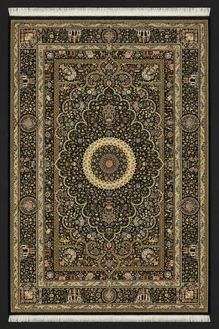 Midnight Palace Rosette handmade Qom pure silk carpet featuring a monumental scalloped palace medallion, architectural garden panels and finely layered floral borders