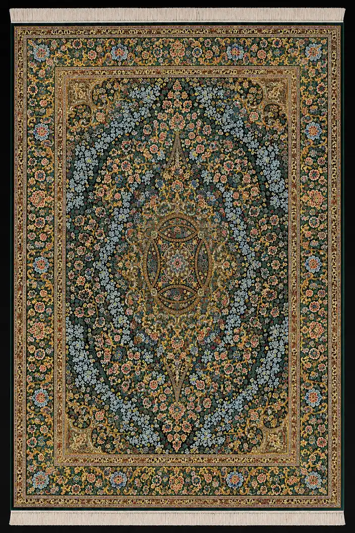 Emerald Jewel Rosette handmade Qom pure silk carpet featuring an intricate jewel-like Toranj surrounded by cool blue blossoms and scrolling Shah Abbasi arabesques