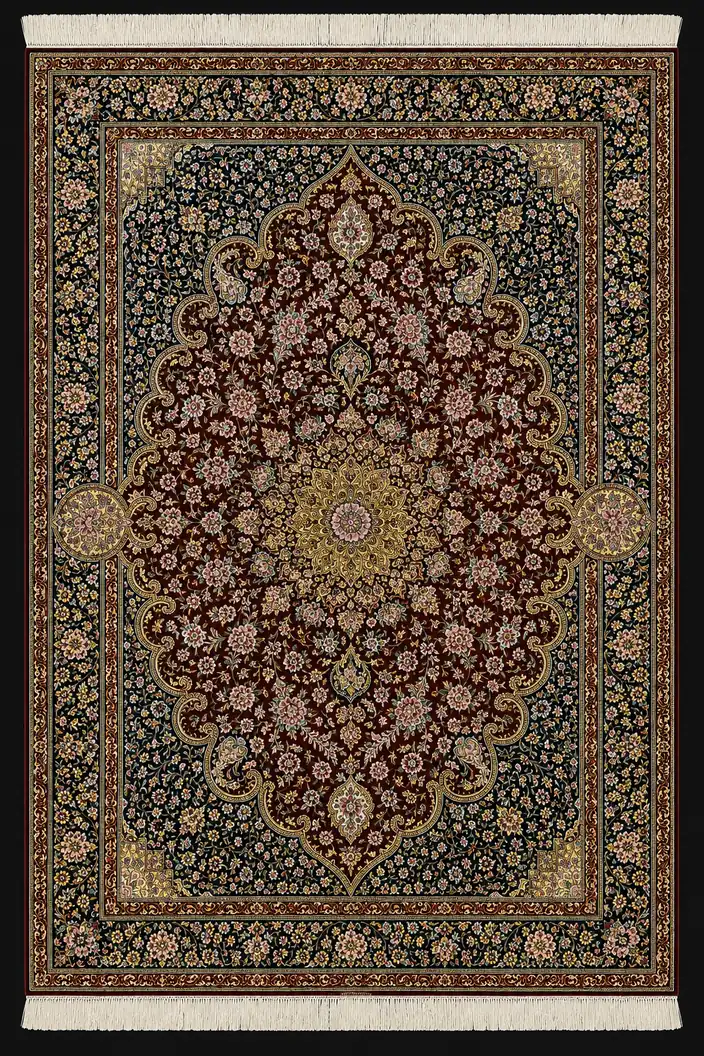 Burgundy Pavilion Grandeur handmade Qom pure silk carpet featuring a grand burgundy field, radiant floral rosette and richly layered Shah Abbasi borders