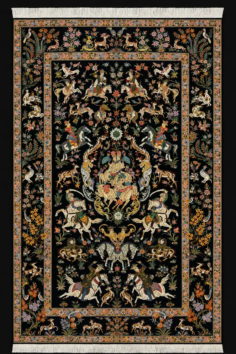 Midnight Imperial Hunt handmade Qom pure silk carpet featuring a vivid royal hunting narrative with mounted riders, wild animals and flowering garden borders