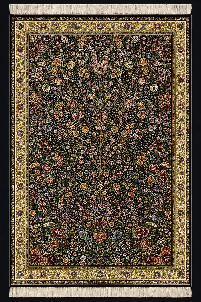 Midnight Blossom Canopy handmade Qom pure silk carpet featuring a dense flowering canopy of roses, blossoms and branching vines rendered against a luminous black silk field