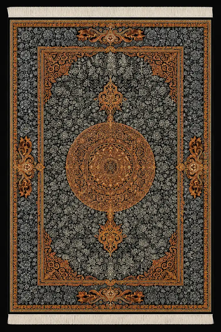 Ember Crown Medallion handmade Qom pure silk carpet featuring a bold ember-toned crown medallion, monochrome floral tracery and contemporary Baroque symmetry