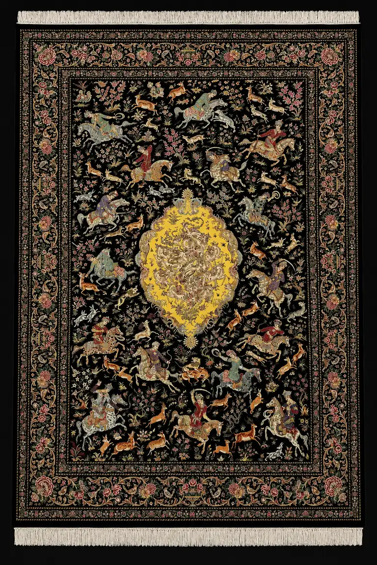 Golden Imperial Hunt handmade Qom pure silk carpet featuring a monumental royal hunting scene centred on a golden medallion, with riders, animals and flowering borders