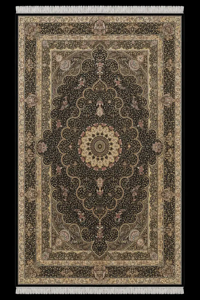 Grand Obsidian Palace Medallion handmade Qom pure silk carpet featuring a monumental scalloped medallion filled with intricate garden and architectural motifs