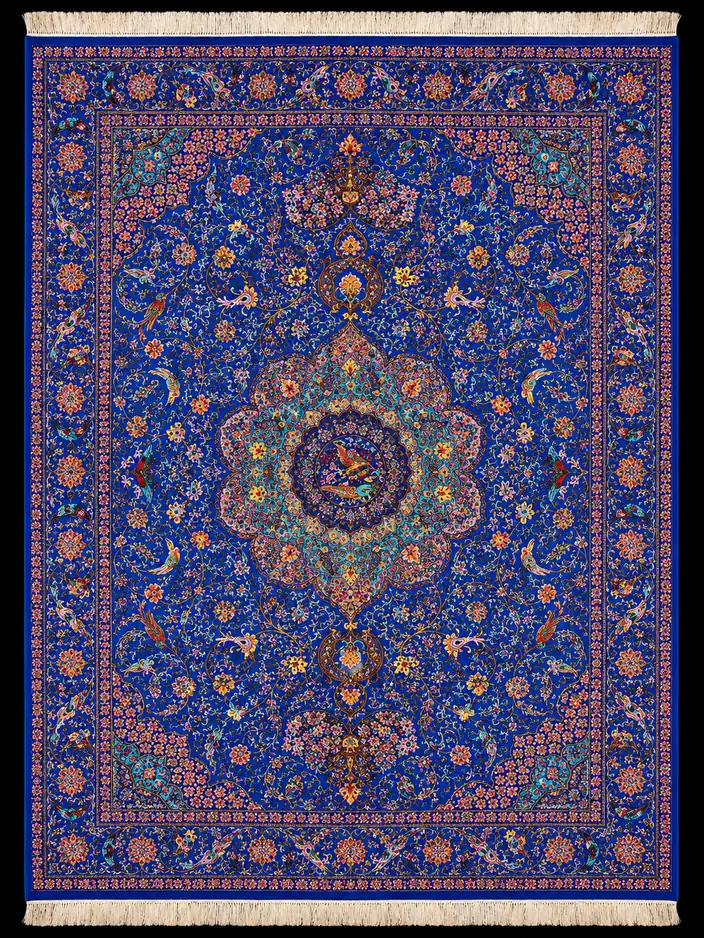 Cobalt Imperial Garden Medallion handmade Qom pure silk carpet featuring a richly layered central medallion floating across a luminous cobalt floral field