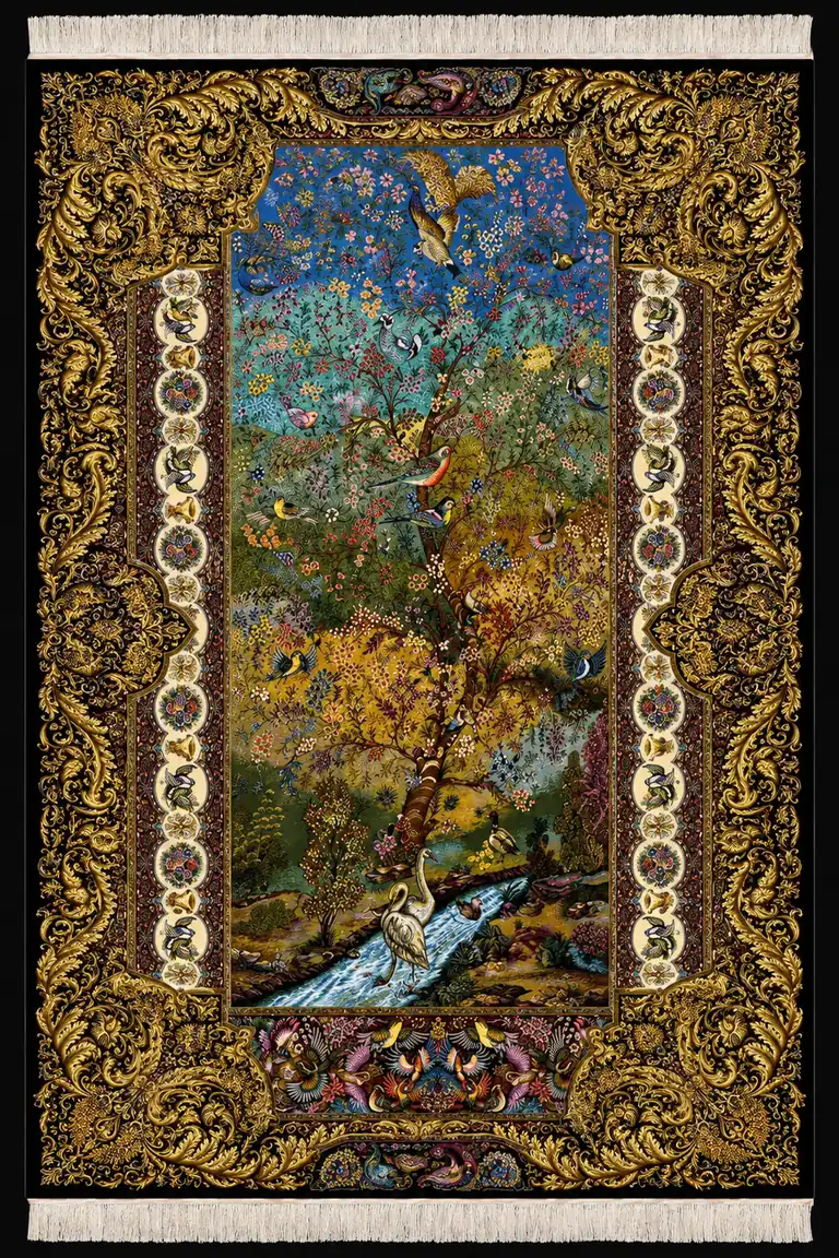 Golden Paradise of Birds handmade Qom pure silk carpet featuring a painterly paradise garden alive with birds, blossoms, water and a sculptural golden border